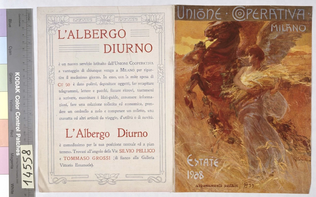 Unione Cooperativa Milano. donna con fascio di grano è vicina ad un cavallo alato - Museo Nazionale Collezione Salce, Treviso